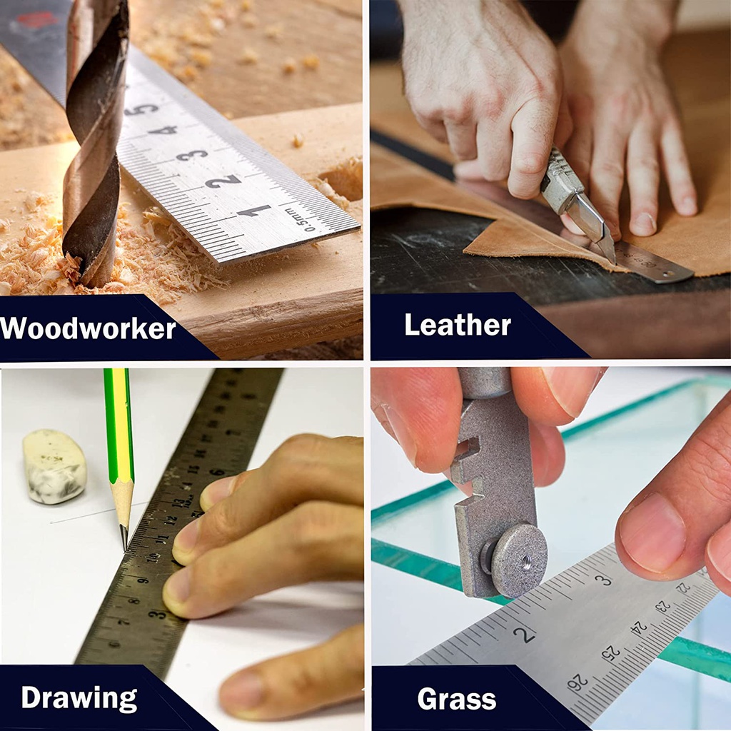 CN - Metal Ruler - 100, 60 , 50 , 30 cm -  Stainless Steel Metal Ruler - with Cork Backing Non-Slip Rulers - Inch & Centimeters