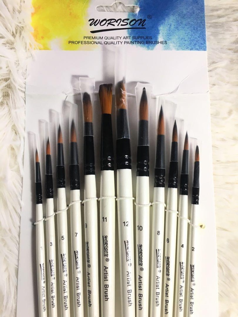 Worison set of 12 brushes - white handls - hair for gouashe and poster colors