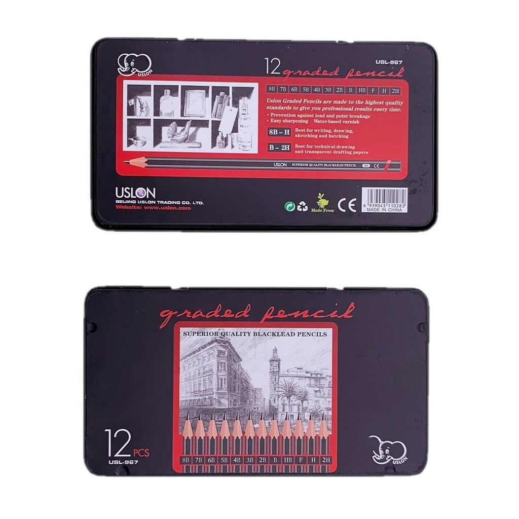 Uslon Professional Drawing Sketching Pencil Set 12 Pieces Graphite Pencils In Metal Case (8B - 7B - 6B - 5B - 4B - 3B - 2B- B  - F -HB- H - 2H) 