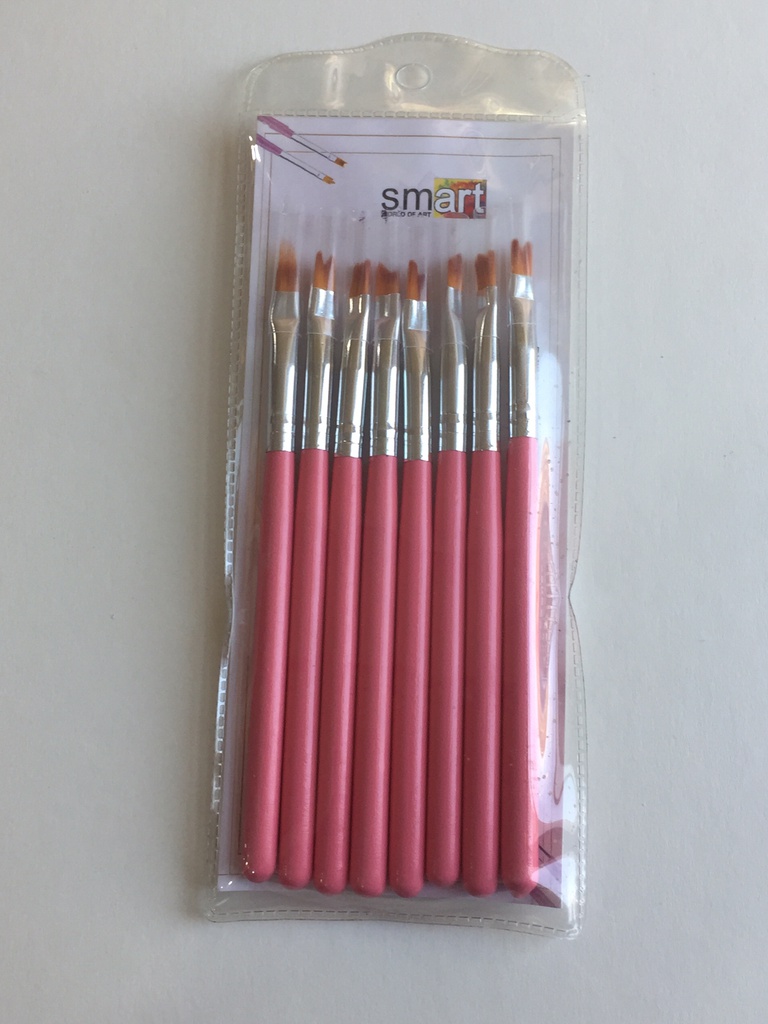 Smart - Set of 8 Paint Flowers Brushes -  Pink Short handle - Different Sizes