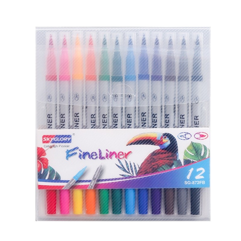 SkyGlory set of 12 colors - nip size 0.4 & 2 mm Brush - dual tip fineliner & Brush
