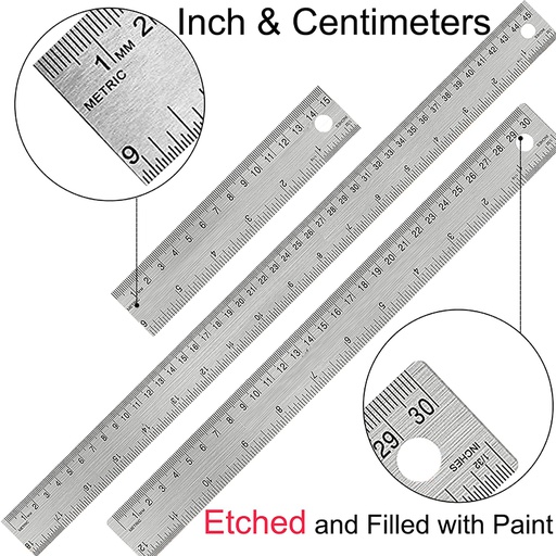 CN - Metal Ruler - 100, 60 , 50 , 30 cm -  Stainless Steel Metal Ruler - with Cork Backing Non-Slip Rulers - Inch & Centimeters