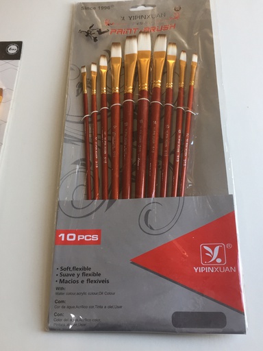 Yipinxuan - Set of 10 Flat Brushes -  Brown long handle - White Hair (0,2,4,6,8,10,12,14,16,18 )