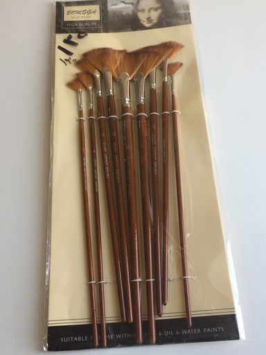 Bomega Artist Brush - Set of 9 Fan Brushes - With long Brown Handle
