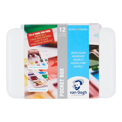 Van Gogh - Water Colour Pocket Box Basic Colors with 12 Colors in Half Pans + 3 Colors for Free, Royal Talens